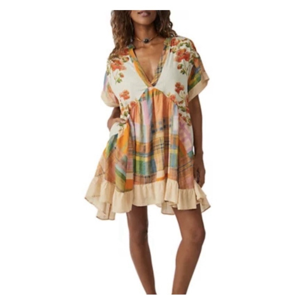 Free People Printed Agnes Patchwork Mini Dress Boho Floral Plaid Spring Combo M